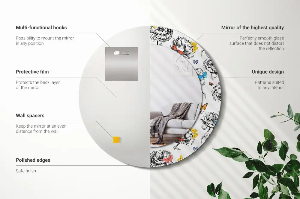 Oglindă rotundă decorativă cu fluturi colorați