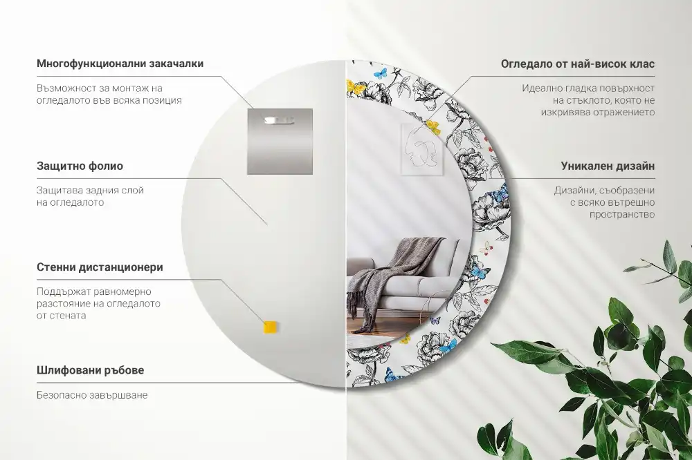 Oglindă rotundă decorativă cu fluturi colorați