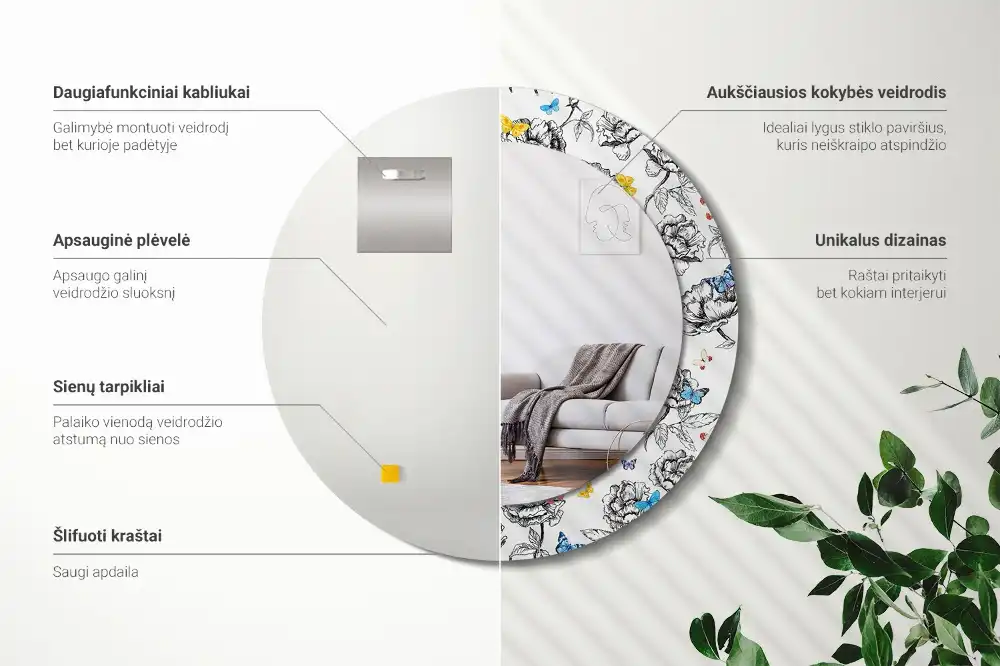 Oglindă rotundă decorativă cu fluturi colorați