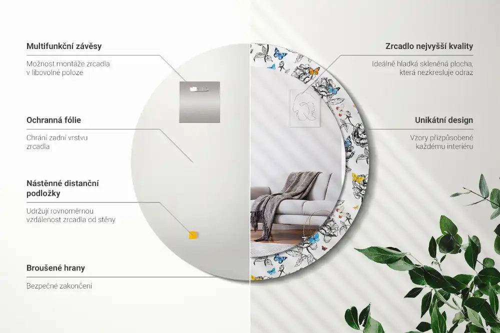 Oglindă rotundă decorativă cu fluturi colorați