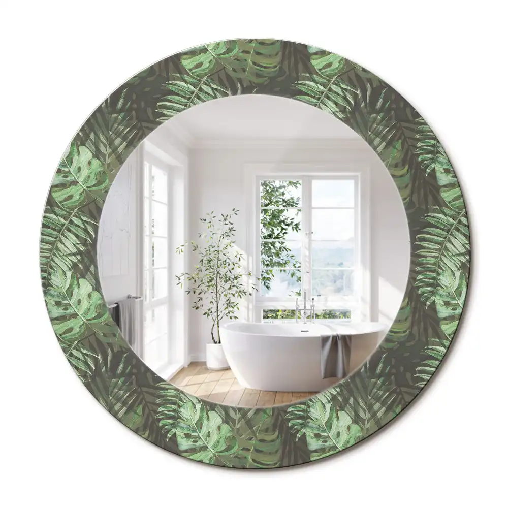 Oglindă rotundă cu ramă cu imprimeu frunze tropicale