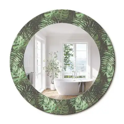 Oglindă rotundă cu ramă cu imprimeu frunze tropicale