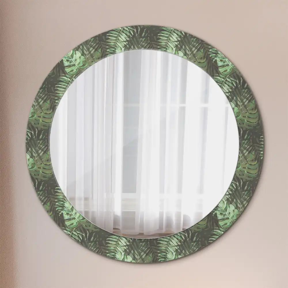 Oglindă rotundă cu ramă cu imprimeu frunze tropicale