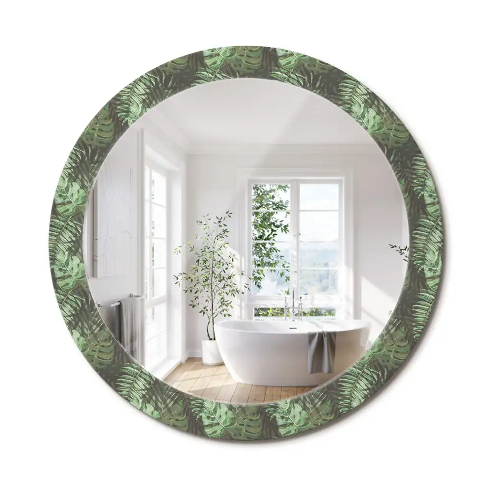 Oglindă rotundă cu ramă cu imprimeu frunze tropicale