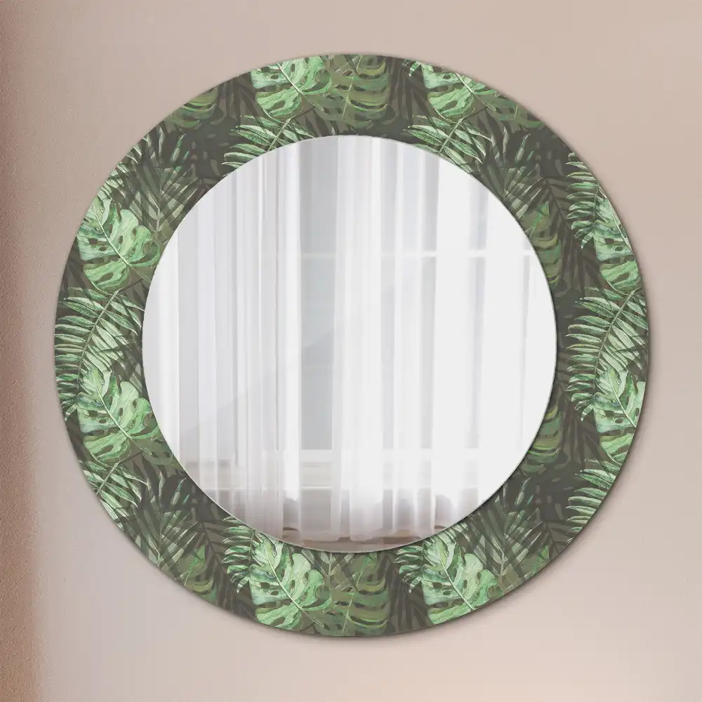 Oglindă rotundă cu ramă cu imprimeu frunze tropicale