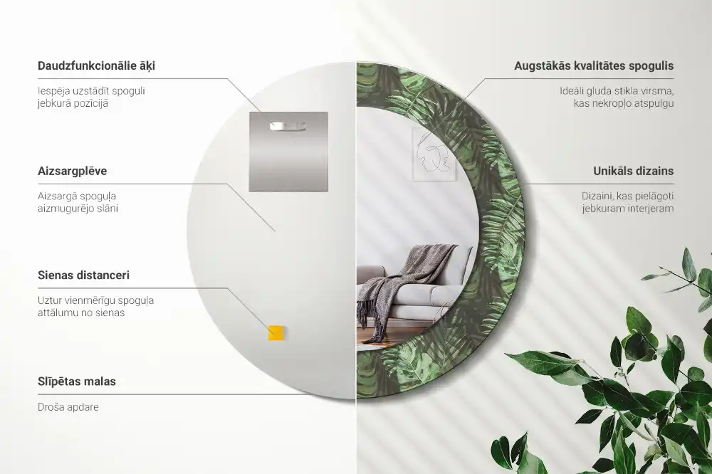 Oglindă rotundă cu ramă cu imprimeu frunze tropicale
