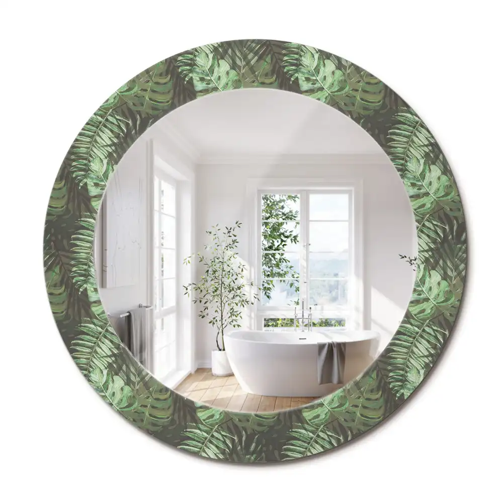 Oglindă rotundă cu ramă cu imprimeu frunze tropicale