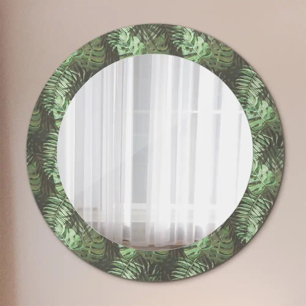 Oglindă rotundă cu ramă cu imprimeu frunze tropicale