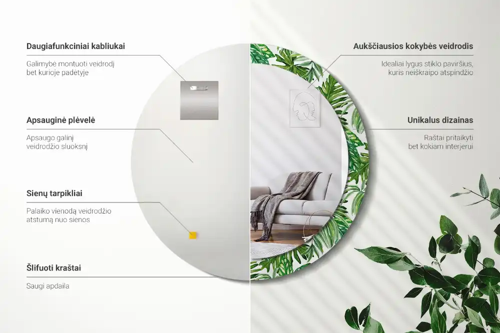 Oglindă decorativă rotundă cu design de frunze de junglă