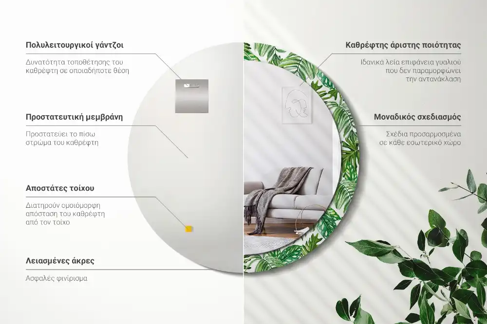 Oglindă decorativă rotundă cu design de frunze de junglă