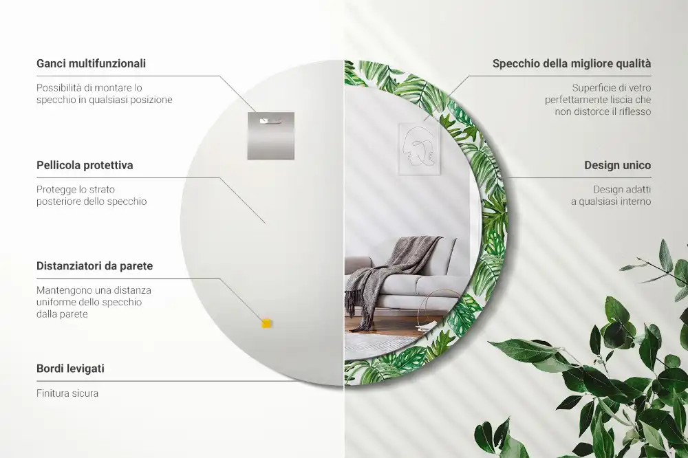 Oglindă decorativă rotundă cu design de frunze de junglă