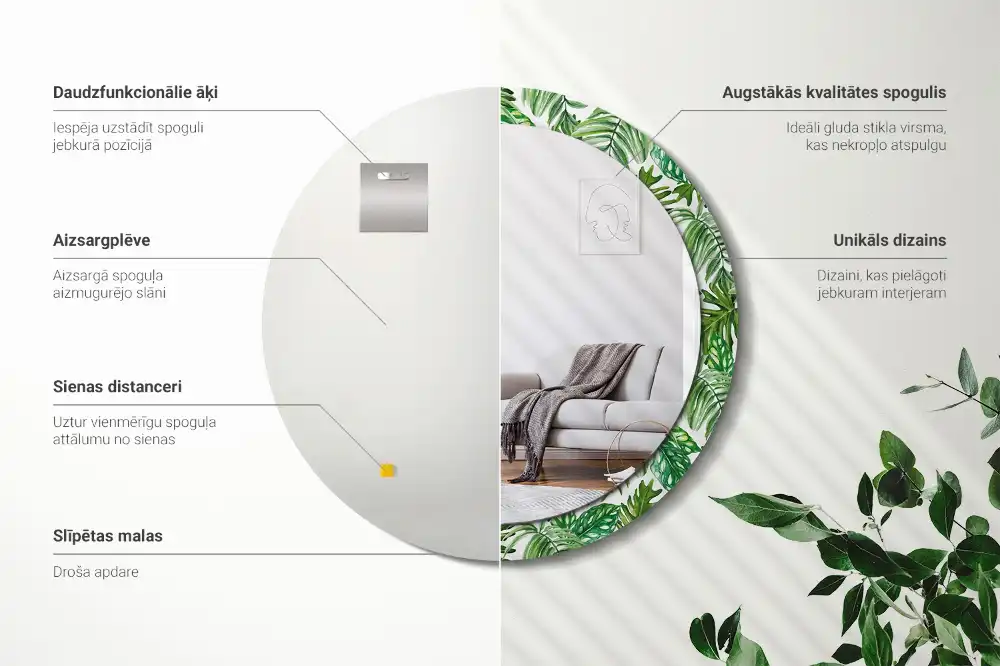Oglindă decorativă rotundă cu design de frunze de junglă