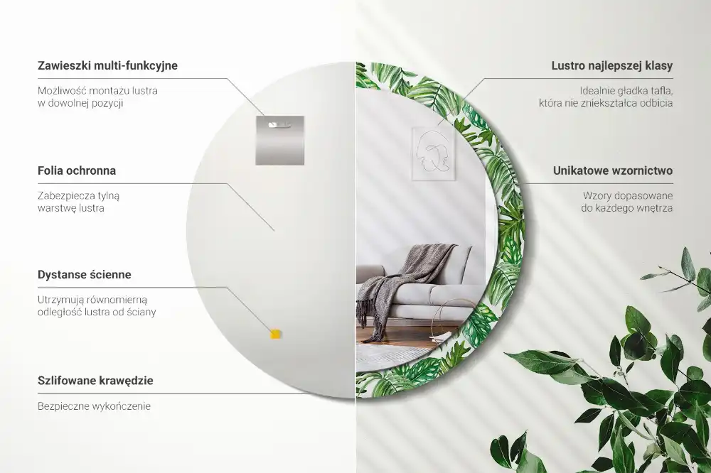 Oglindă decorativă rotundă cu design de frunze de junglă
