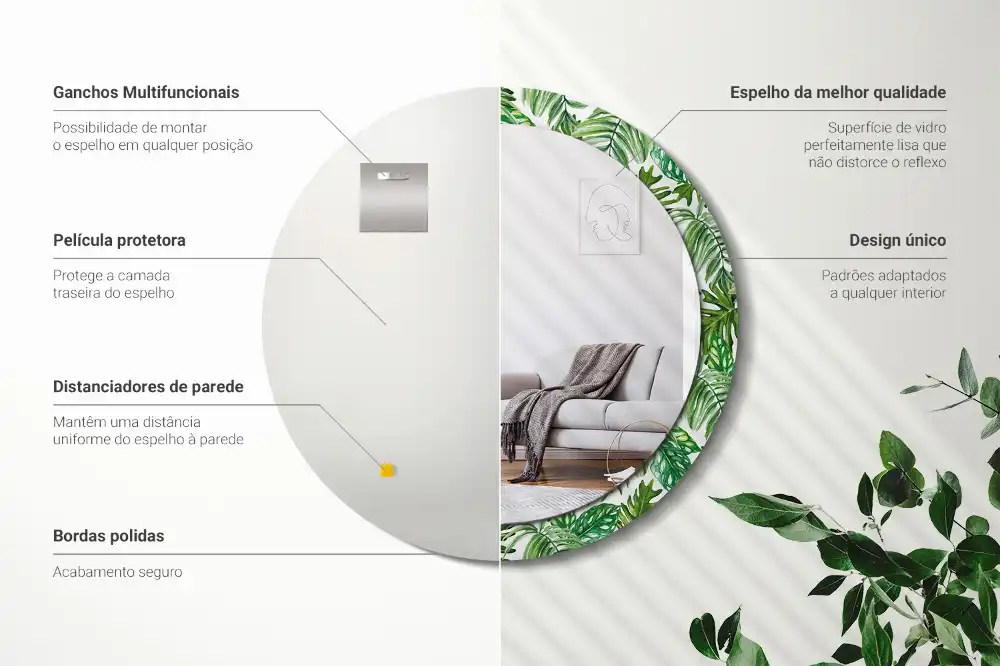 Oglindă decorativă rotundă cu design de frunze de junglă