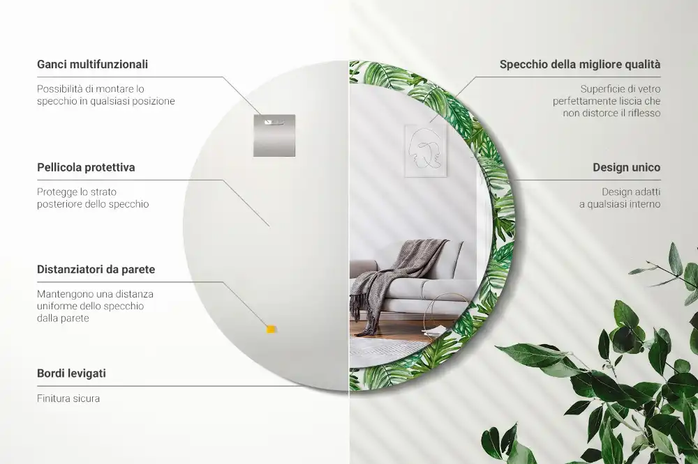 Oglindă decorativă rotundă cu design de frunze de junglă