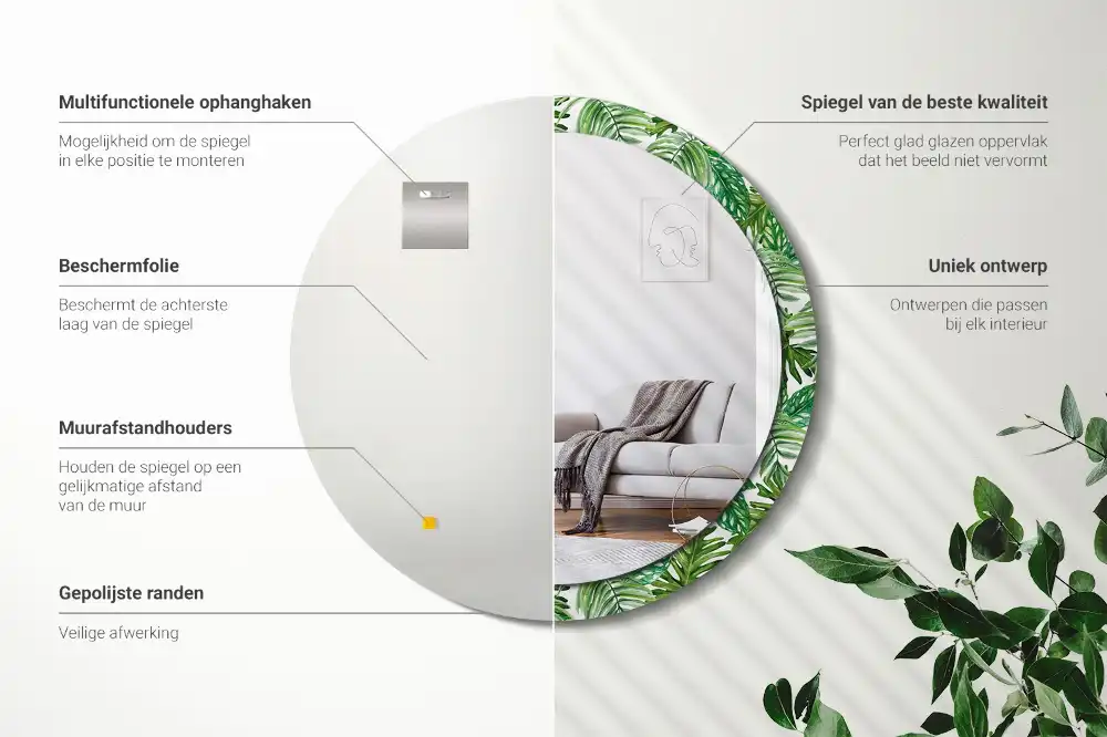 Oglindă decorativă rotundă cu design de frunze de junglă