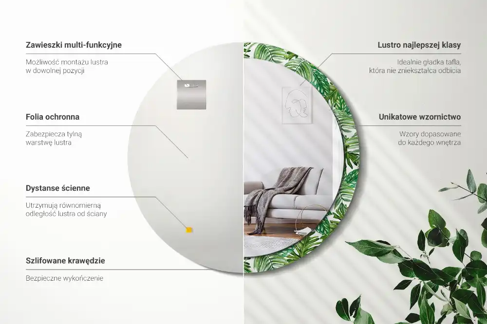 Oglindă decorativă rotundă cu design de frunze de junglă