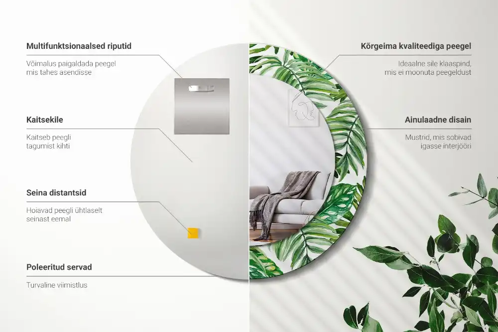 Oglindă decorativă rotundă cu design de frunze de junglă