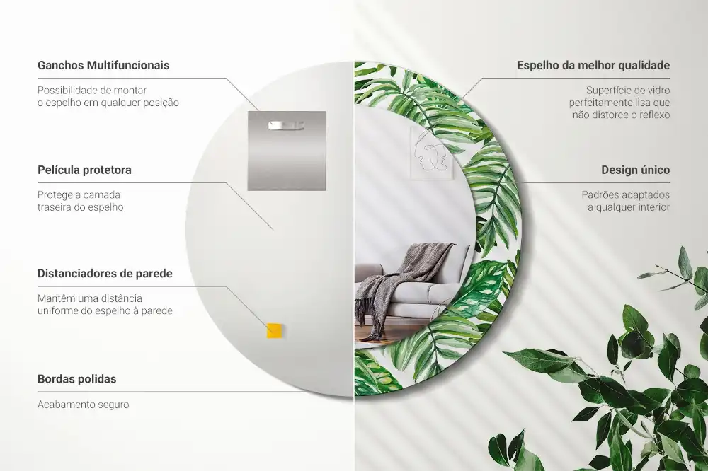 Oglindă decorativă rotundă cu design de frunze de junglă