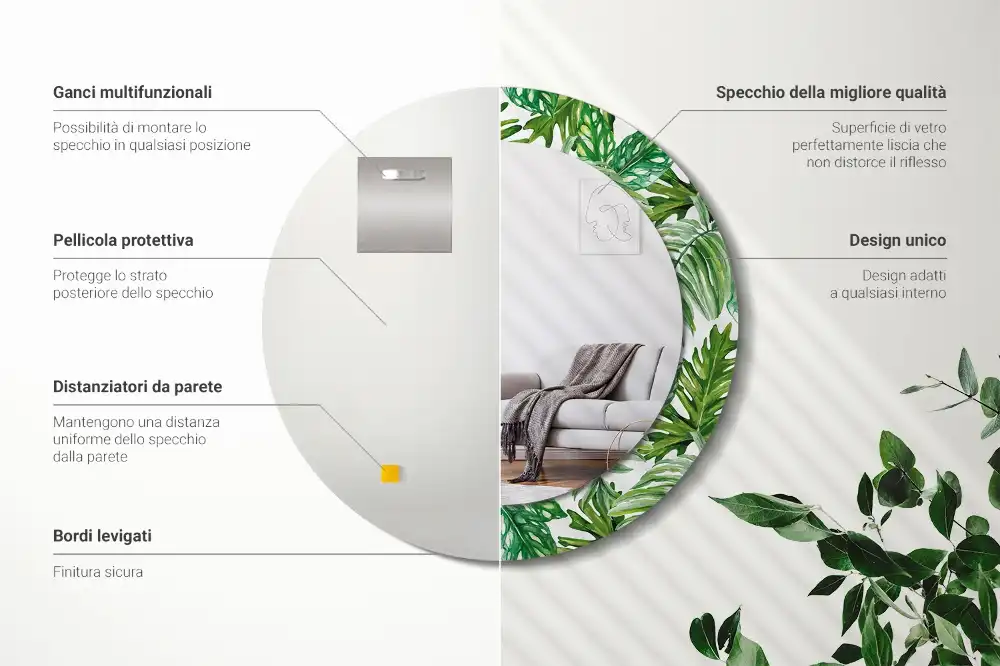 Oglindă decorativă rotundă cu design de frunze de junglă