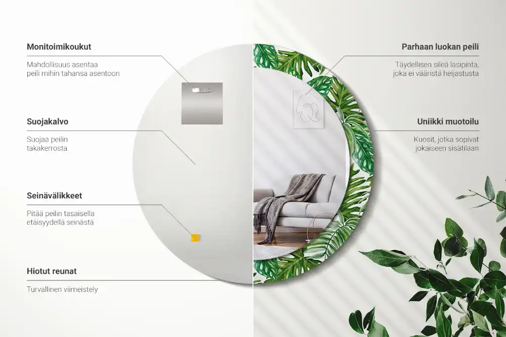 Oglindă decorativă rotundă cu design de frunze de junglă