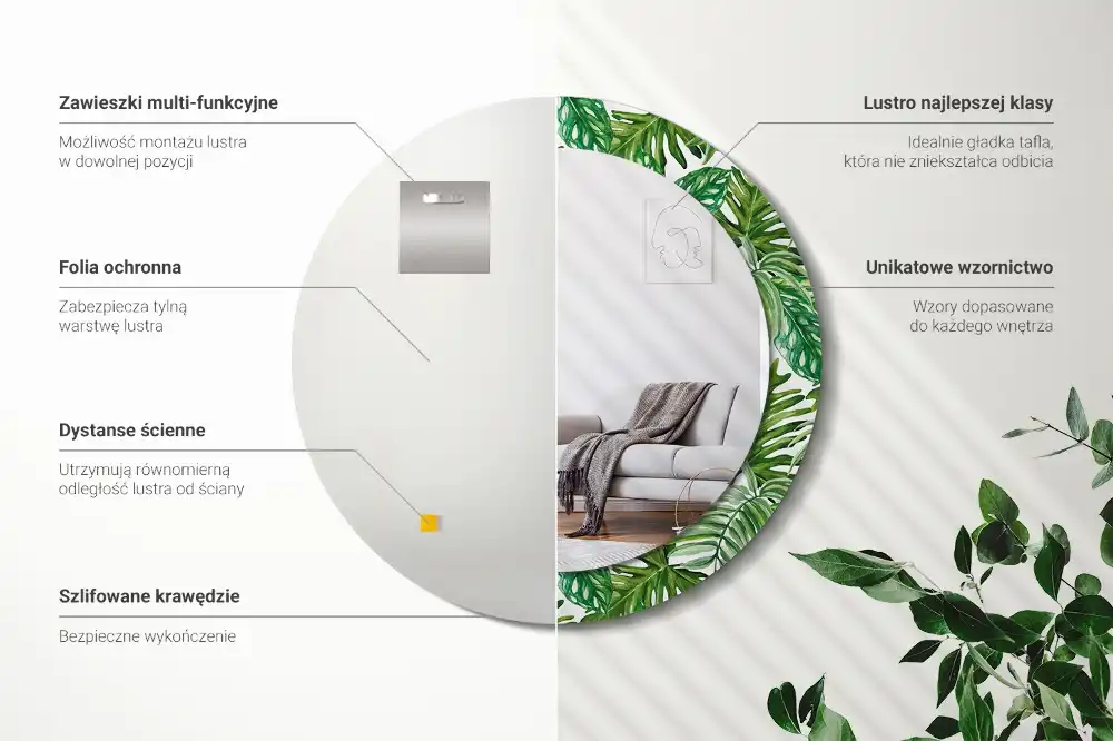 Oglindă decorativă rotundă cu design de frunze de junglă