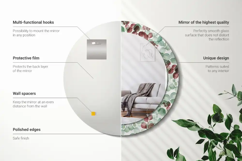 Oglindă rotundă cu ramă și imprimeu eucalipt