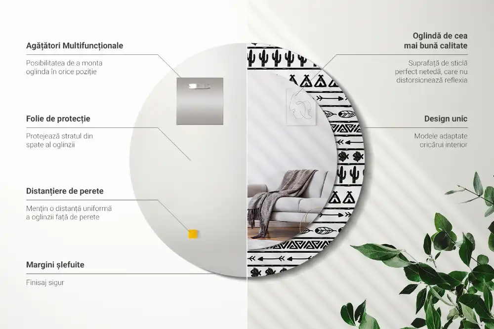 Oglindă rotundă decorativă în stil boho minimalist