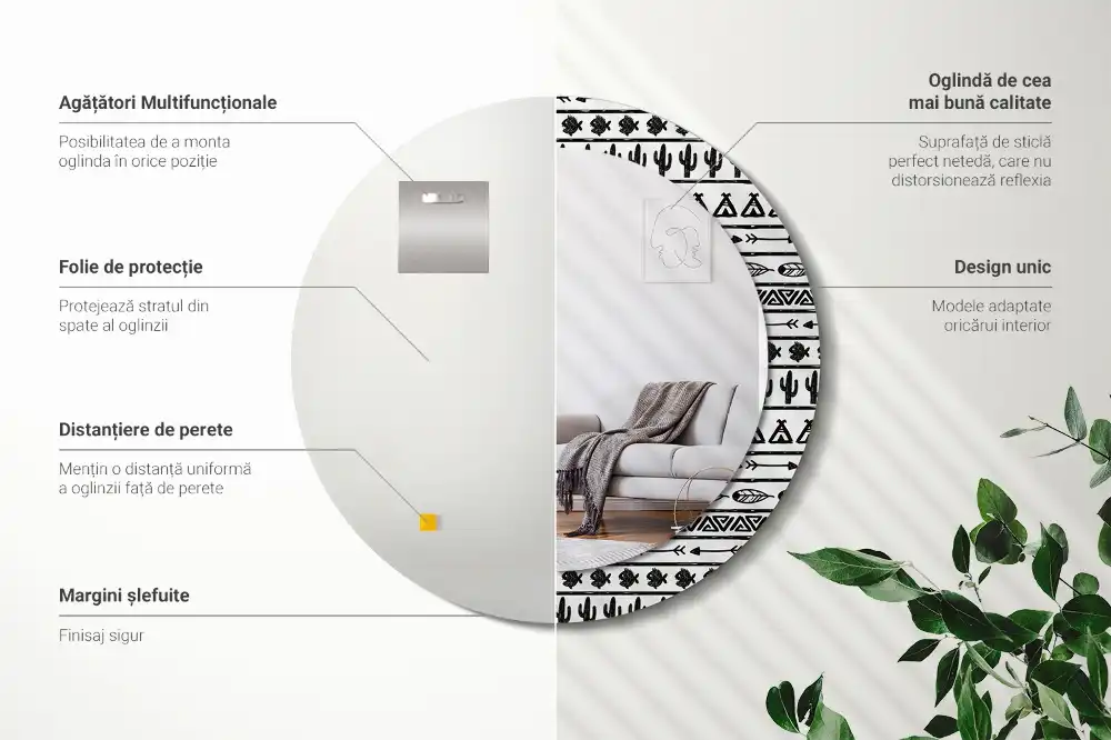 Oglindă rotundă decorativă în stil boho minimalist