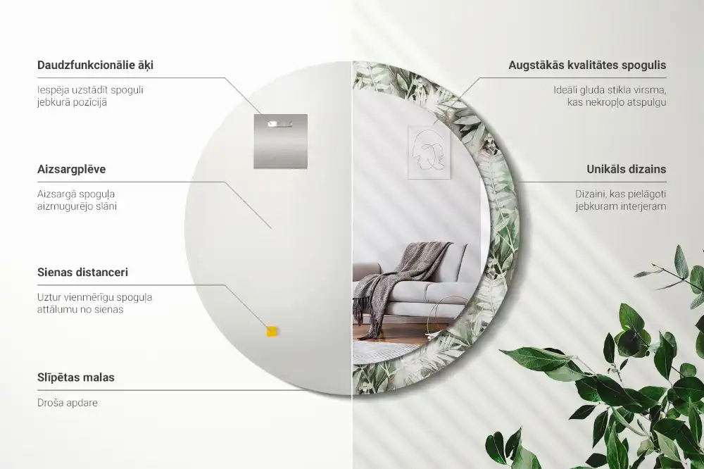 Oglindă rotundă decorativă cu frunze în acuarelă