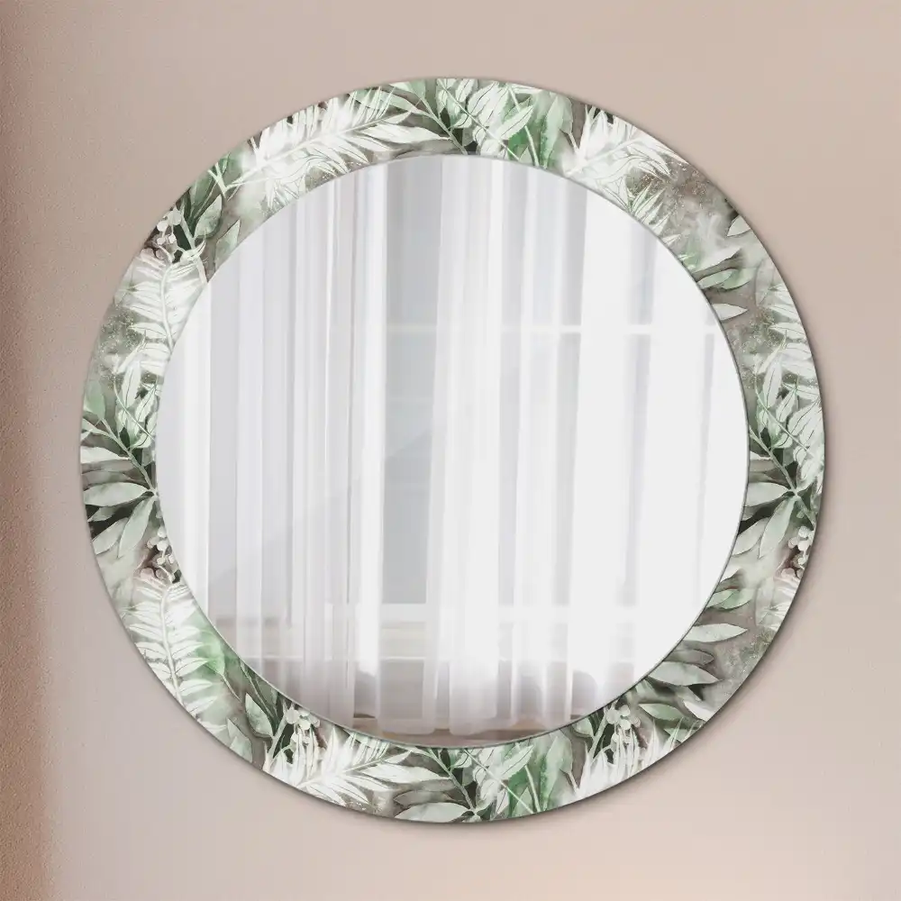 Oglindă rotundă decorativă cu frunze în acuarelă