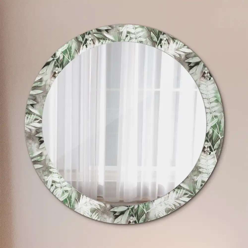 Oglindă rotundă decorativă cu frunze în acuarelă