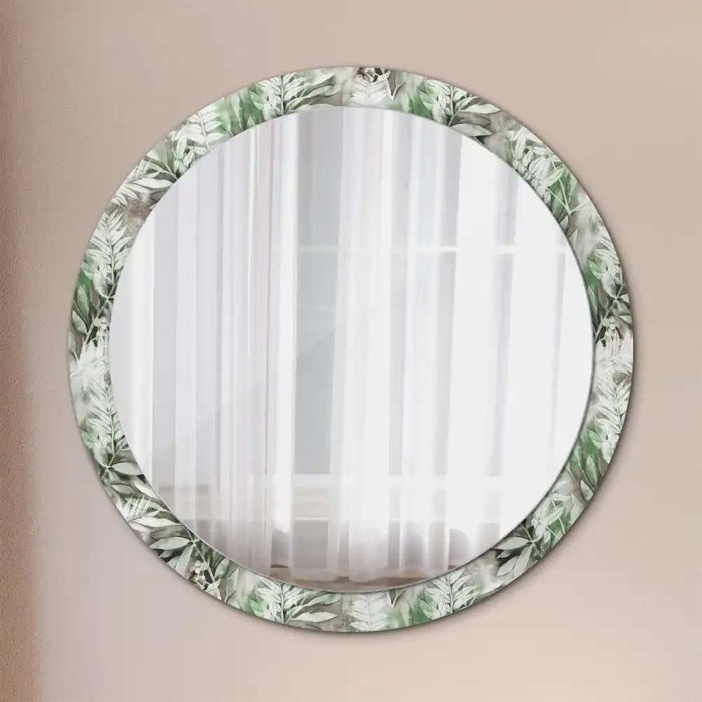 Oglindă rotundă decorativă cu frunze în acuarelă