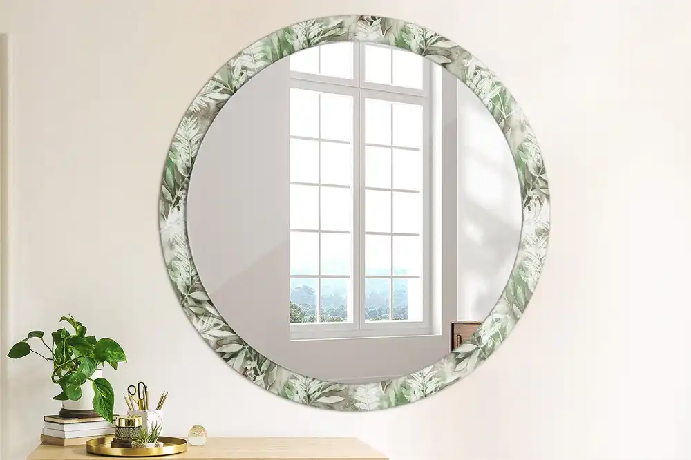 Oglindă rotundă decorativă cu frunze în acuarelă