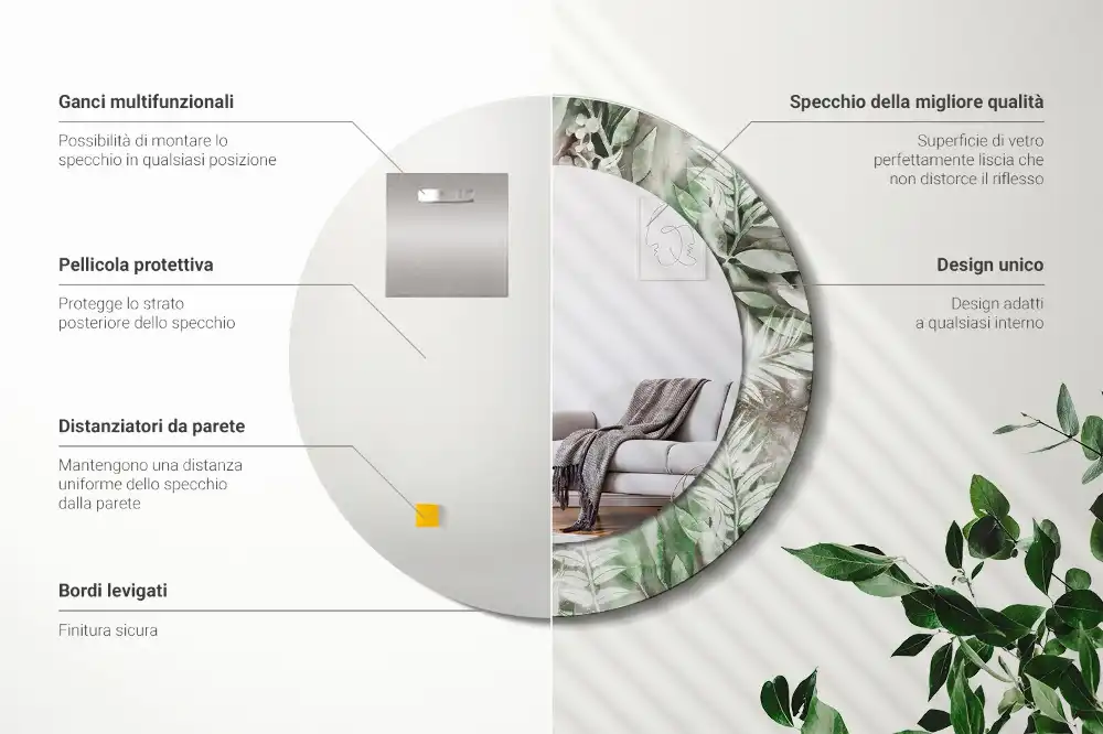 Oglindă rotundă decorativă cu frunze în acuarelă
