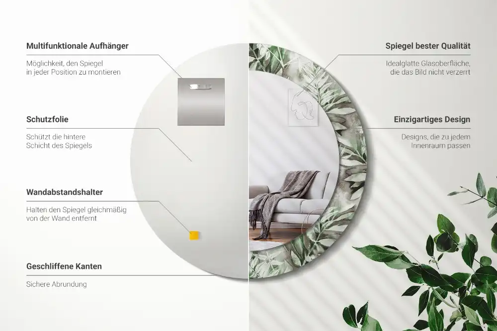 Oglindă rotundă decorativă cu frunze în acuarelă