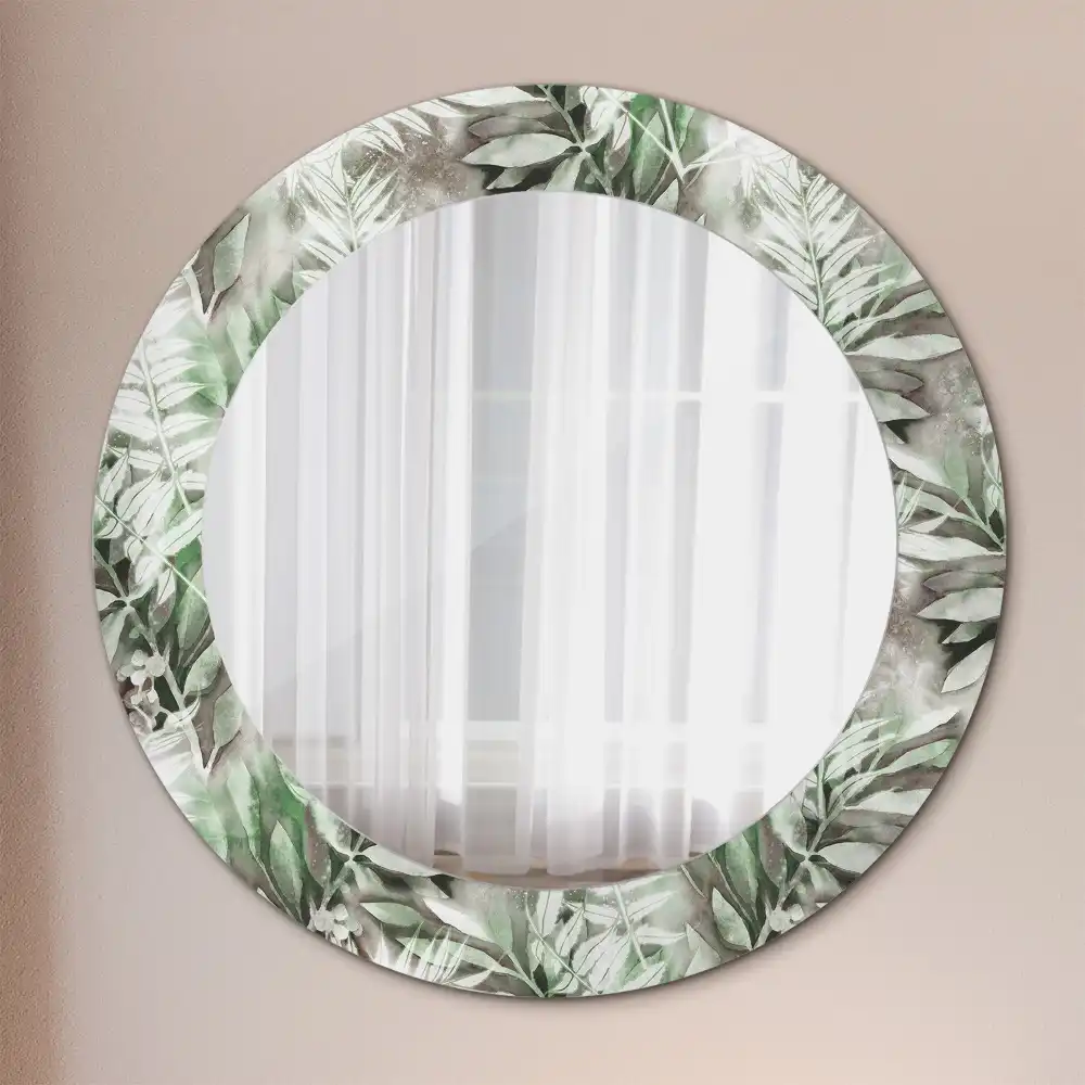 Oglindă rotundă decorativă cu frunze în acuarelă