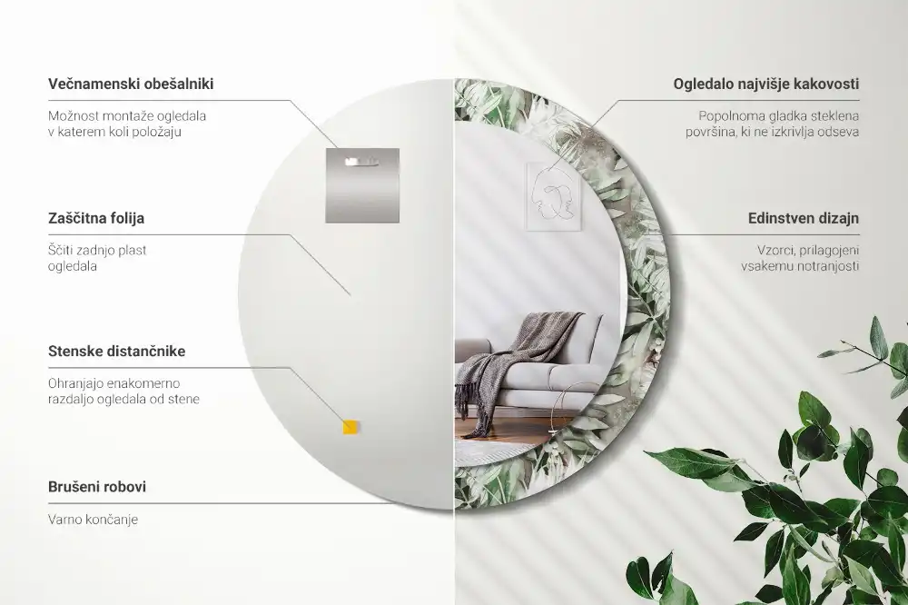 Oglindă rotundă decorativă cu frunze în acuarelă