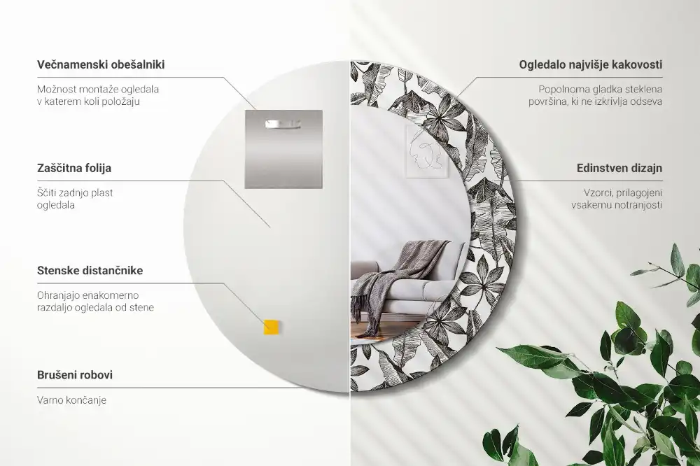 Oglindă rotundă cu ramă cu imprimeu de frunze tropicale