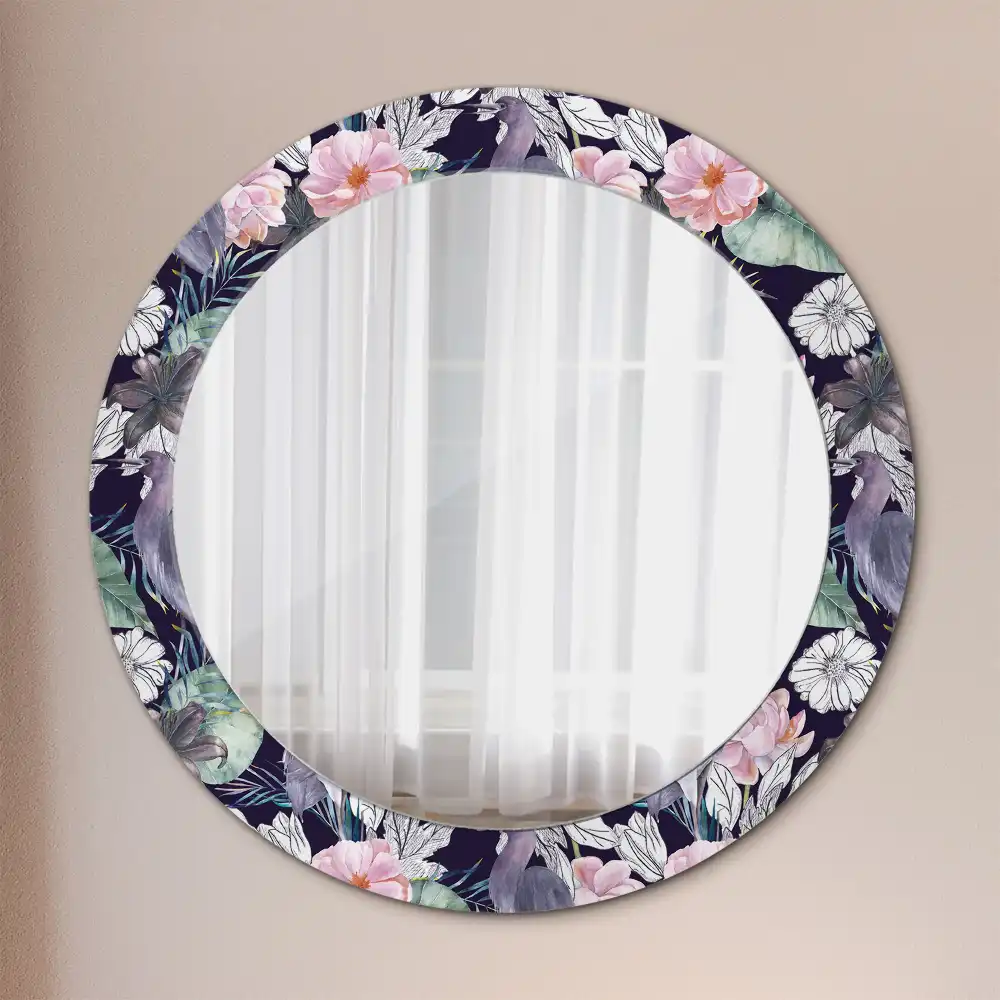 Oglindă decorativă rotundă de perete cu model păsări stârci