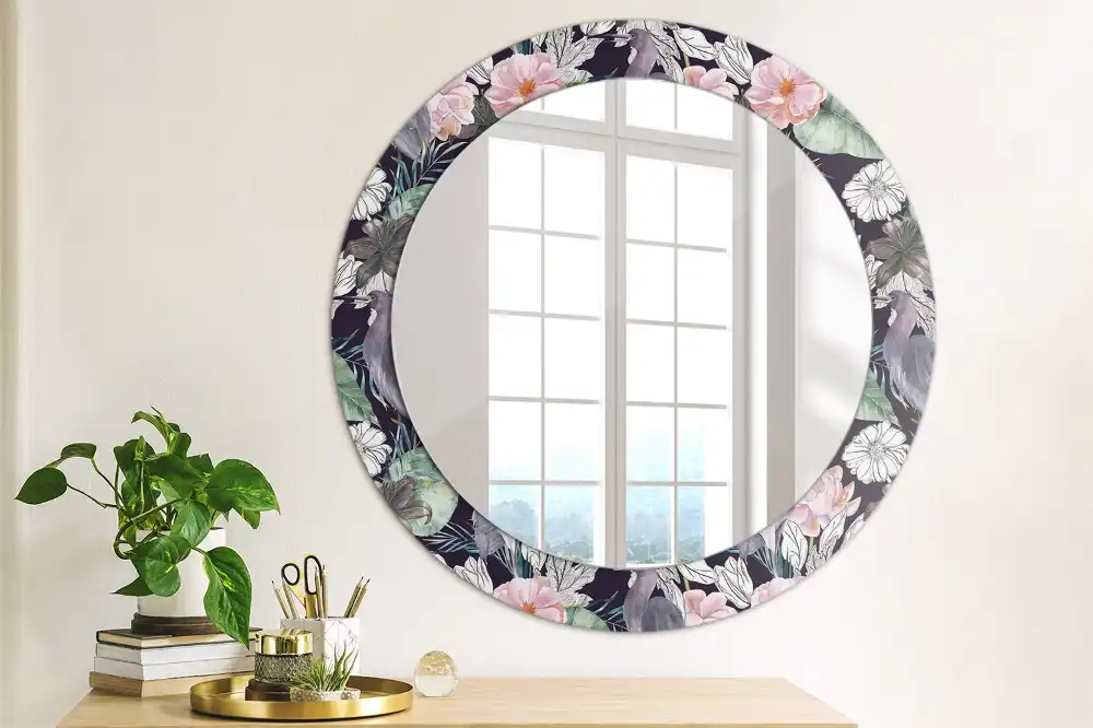 Oglindă decorativă rotundă de perete cu model păsări stârci