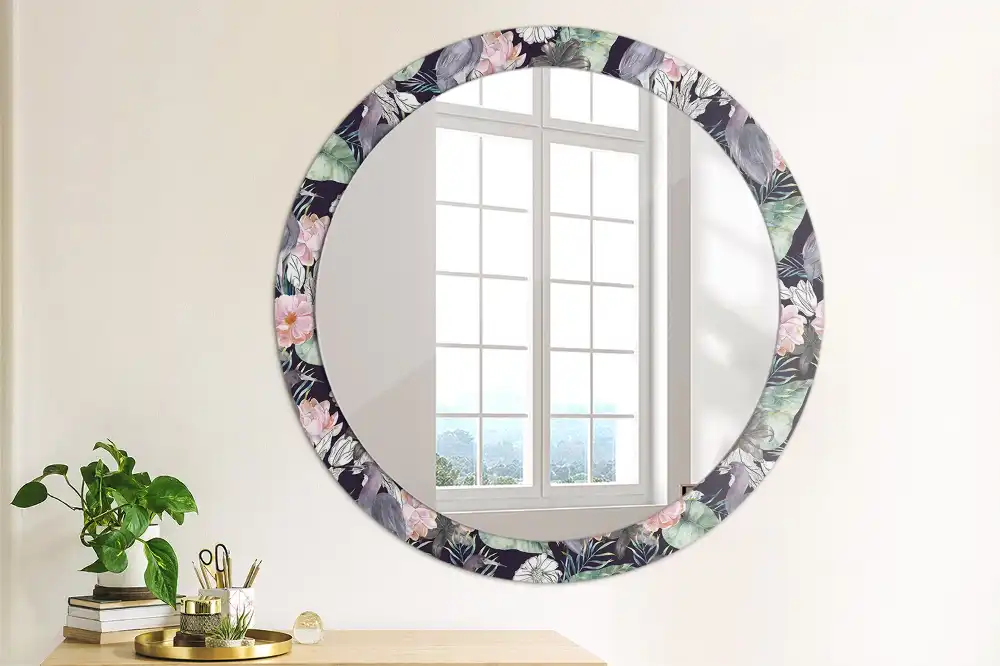 Oglindă decorativă rotundă de perete cu model păsări stârci