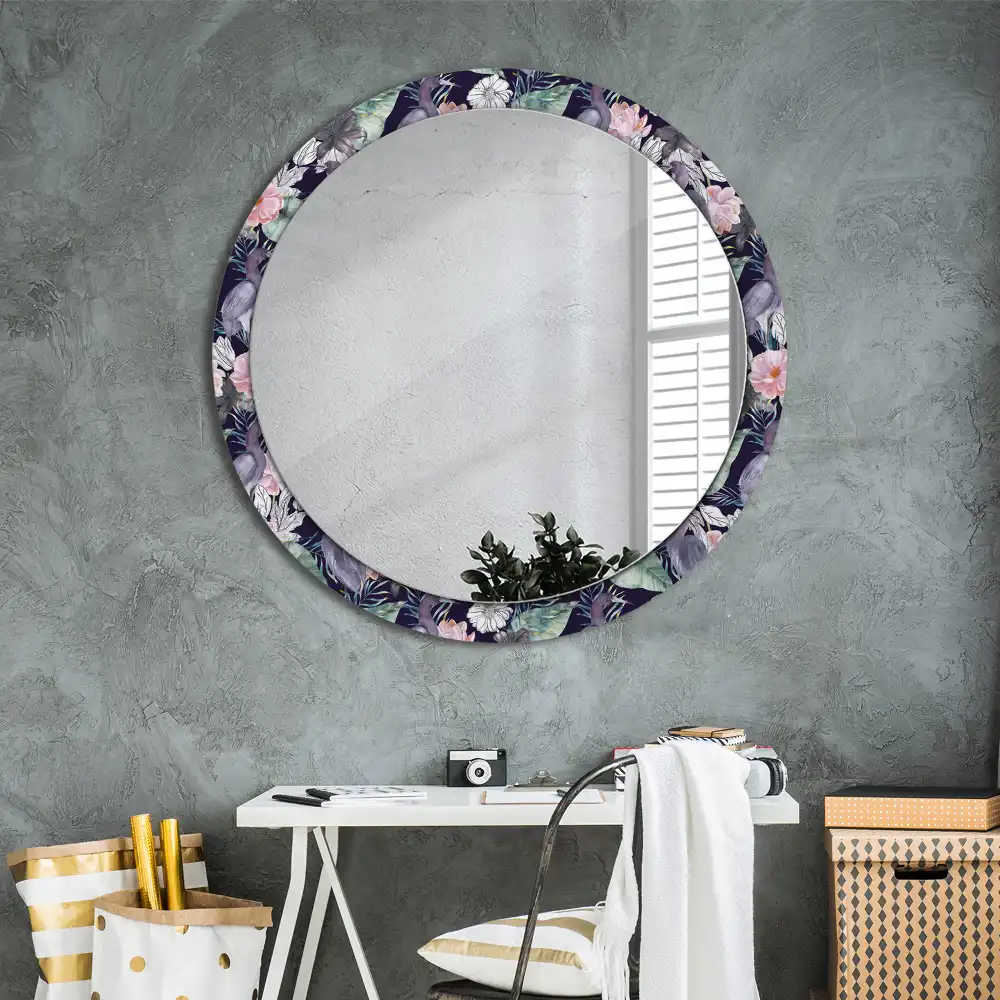 Oglindă decorativă rotundă de perete cu model păsări stârci