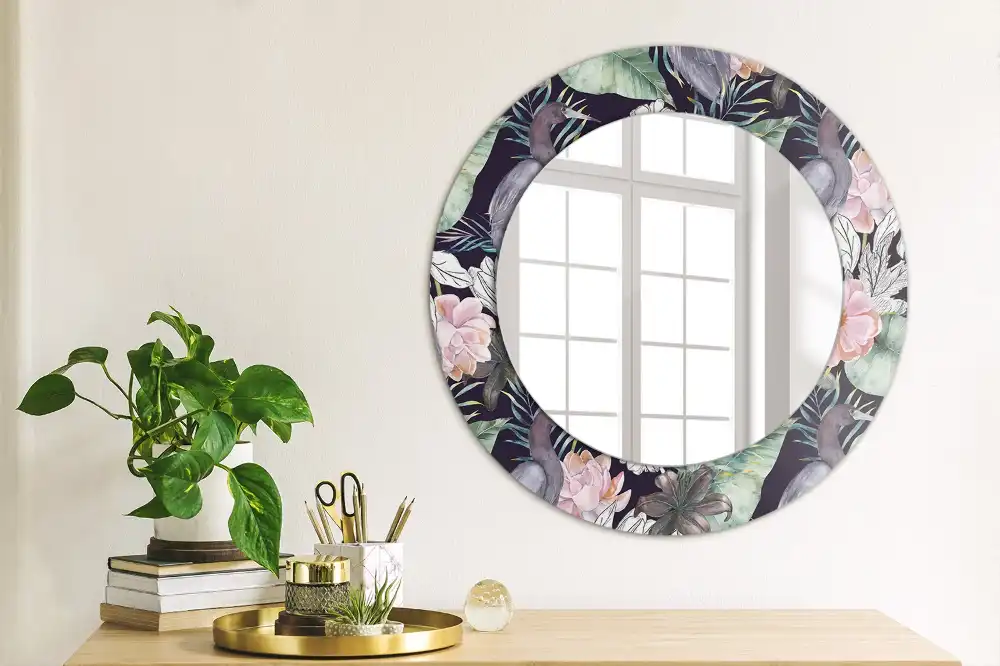 Oglindă decorativă rotundă de perete cu model păsări stârci
