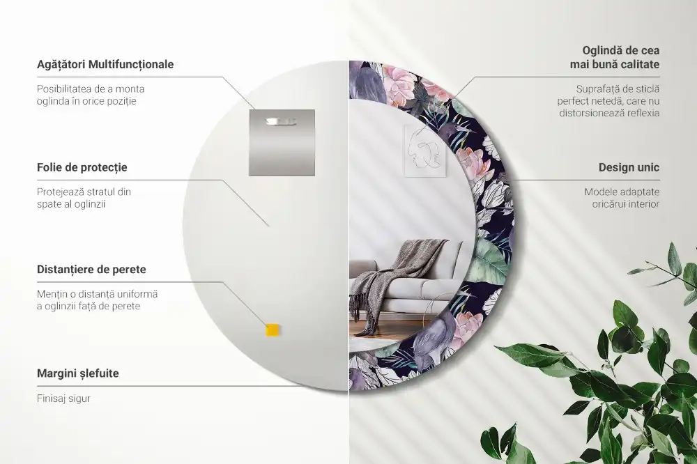 Oglindă decorativă rotundă de perete cu model păsări stârci