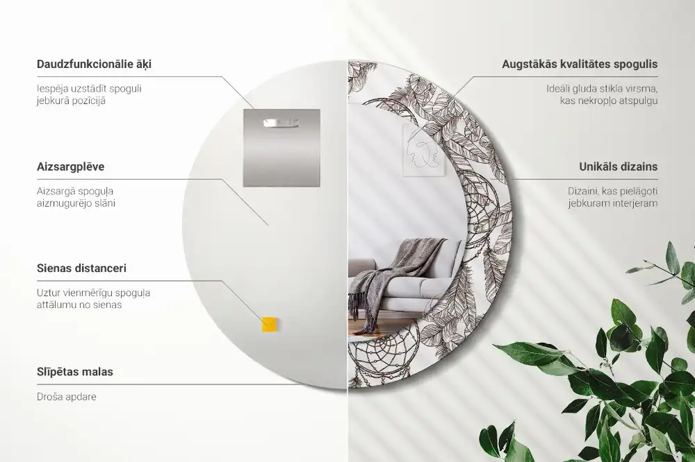 Oglindă rotundă cu ramă imprimată cu motiv prinzător de vise
