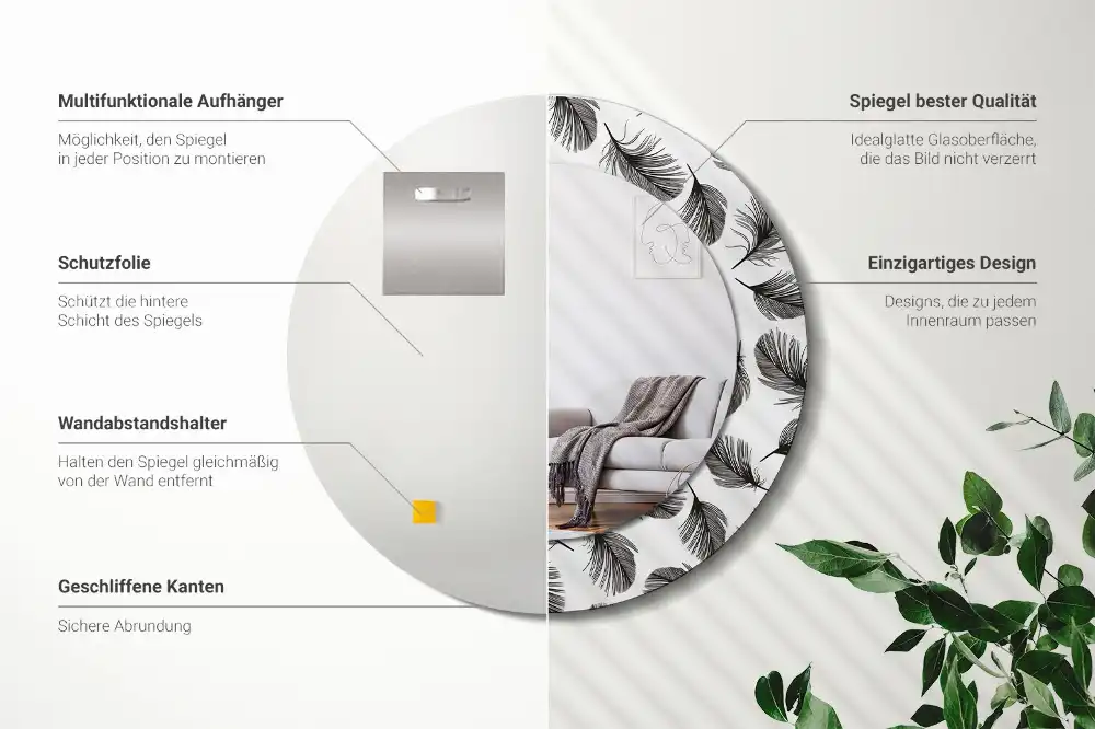Oglindă decorativă rotundă cu design de pene