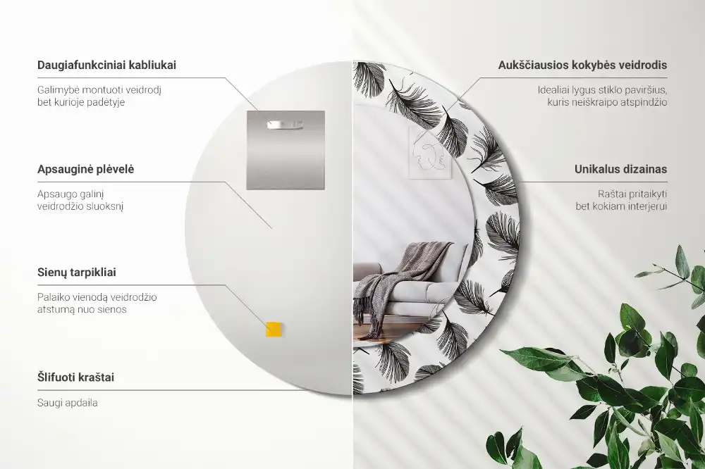 Oglindă decorativă rotundă cu design de pene