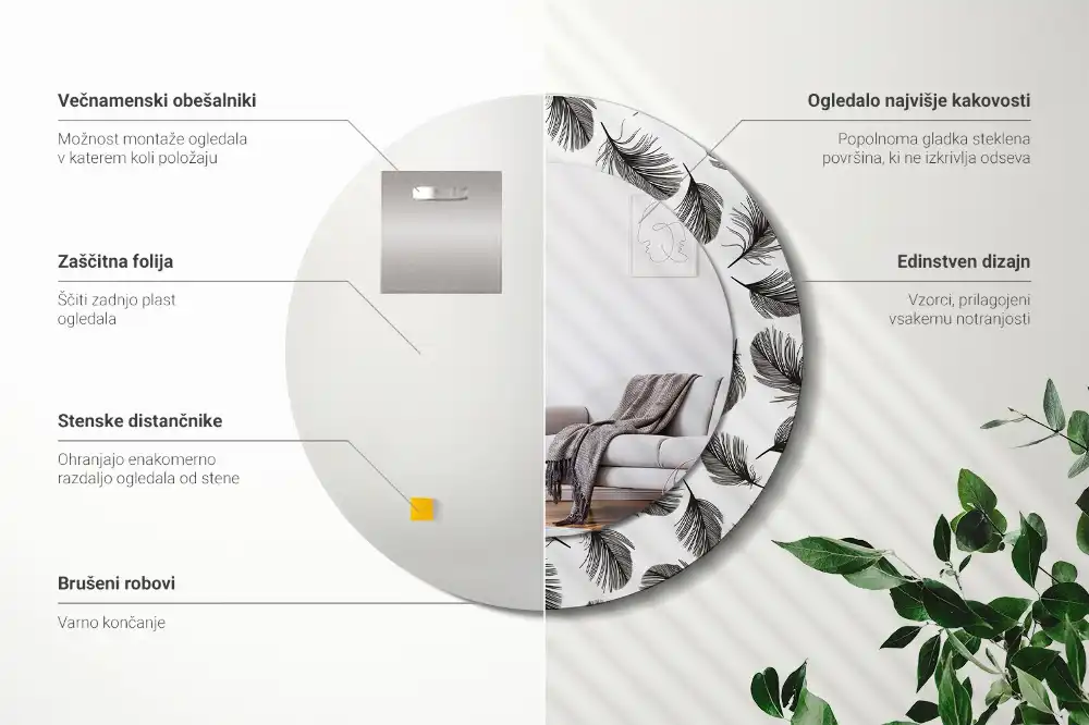 Oglindă decorativă rotundă cu design de pene