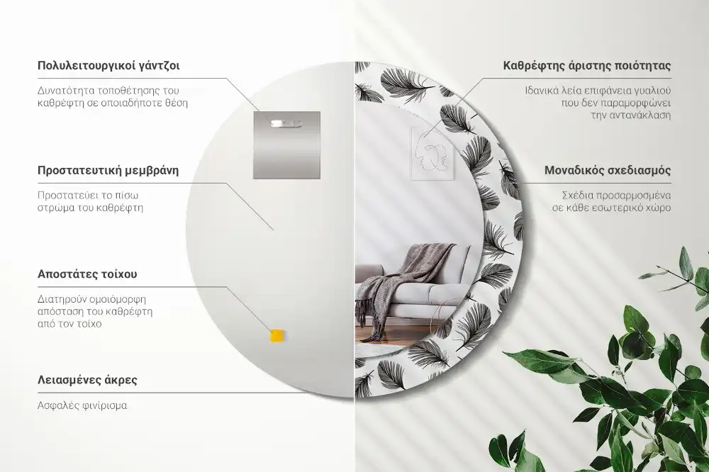 Oglindă decorativă rotundă cu design de pene
